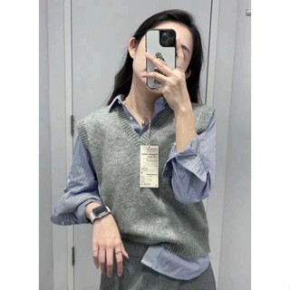 Áo gile nữ len dệt kim không tay cổ V hàng xuất dư full tag basic ter trung năng động màu nâu ghi đi làm đi chơi