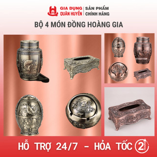 Bộ 4 món Đồng hoàng gia | Hộp đựng giấy, Hộp đựng chè, Lọ tăm, Gạt tàn hợp kim hoạ tiết tân cổ điển