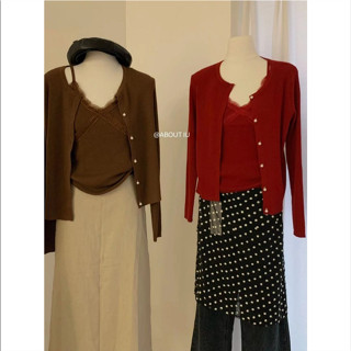 Set Áo Len Đỏ 2 Món Cardigan Khoác Ngoài + Áo 2S Phối Viền Ren QCCC - Dalyn