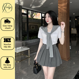  Set Váy Thủy Thủ Set 3 Món Áo Phông Túi Ngực Kèm Khăn Choàng Mix Chân Váy Xếp Ly Xinh Xắn - Z30 