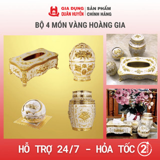 Bộ 4 món Vàng hoàng gia | Hộp đựng giấy, Hộp đựng chè, Lọ tăm, Gạt tàn hợp kim hoạ tiết tân cổ điển