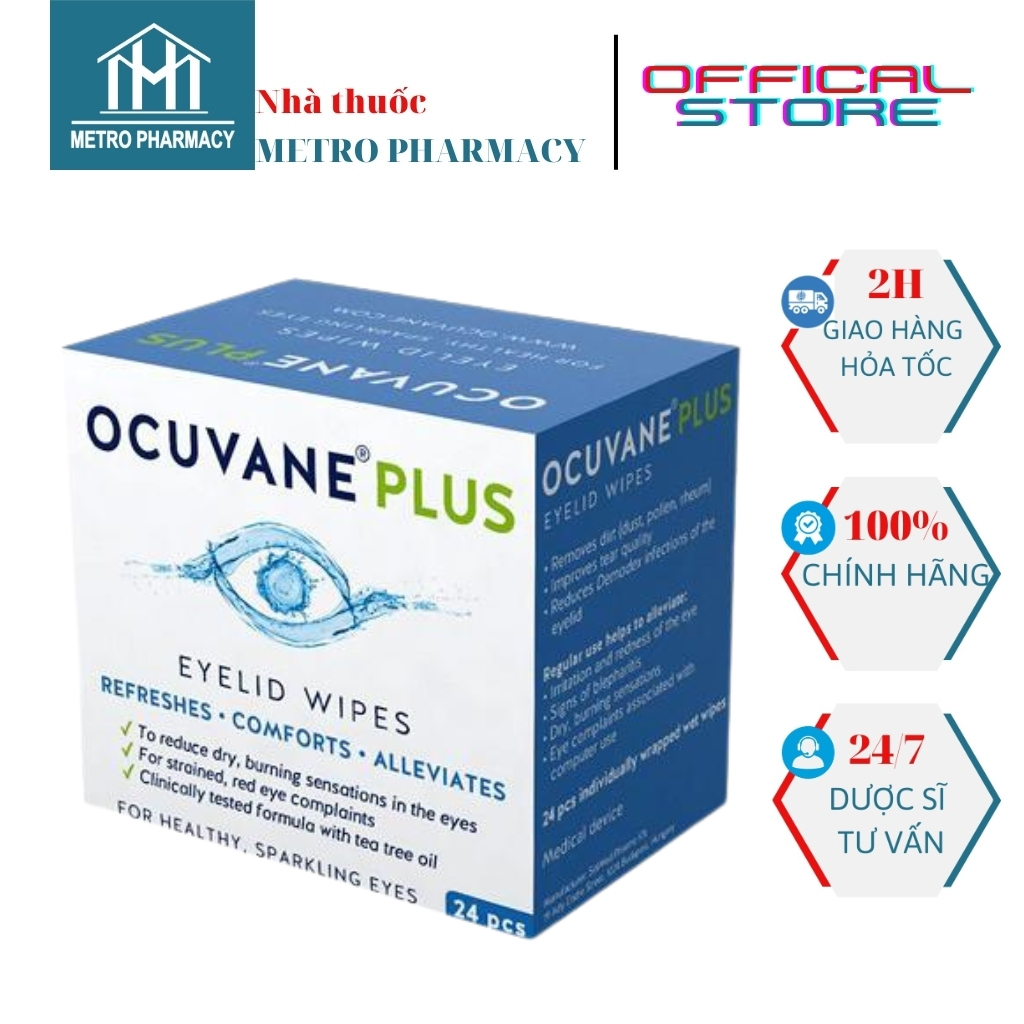 Gạc lau mi mắt Ocuvane Plus-Vệ sinh bờ mi, tắc tuyến lệ, khô mắt-Nhập khẩu Hungary-Hộp 24 miếng