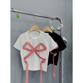 Áo croptop tay ngắn may dây nơ sọc trước cực xinh , chất thun gân dày dặn