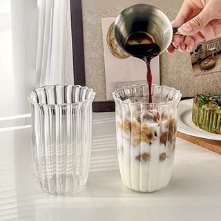 Ly thủy tinh siêu mỏng, ly không đáy cốc thủy tinh sọc loe miệng bông hoa, ly dùng cho quán cà phê