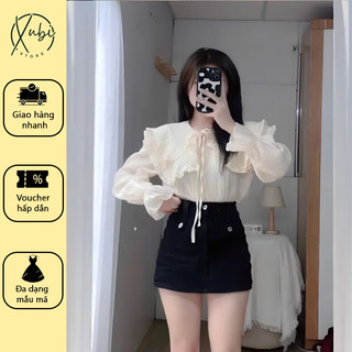 Áo sơ mi cổ bánh bèo chất đũi gân kèm dây thắt nơ xinh - 3bb123