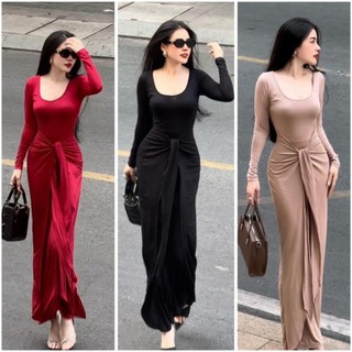 Đầm maxi cổ vuông tay dài buộc eo chất thun mịn lazzon co giãn thích hợp mặc đi tiệc đi làm đi chơi