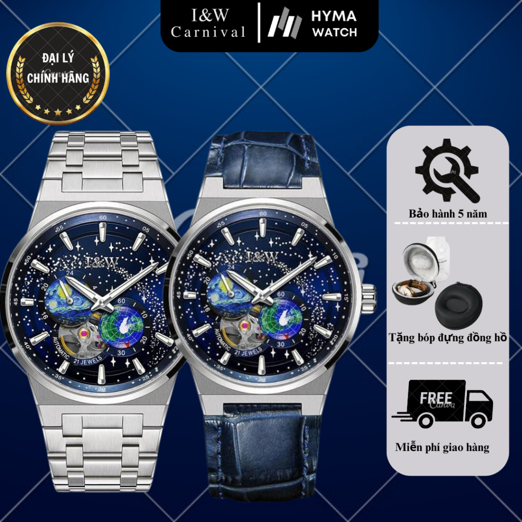Đồng hồ Nam Carnival I&W 708G Galaxy Máy cơ size 41mm Bảo hành 5 năm Hyma Watch
