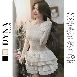 Váy ren cổ thuyền tay dài vai hoa 𝐁𝐀𝐆𝐄𝐎 chân xoè xếp tầng phối ren
