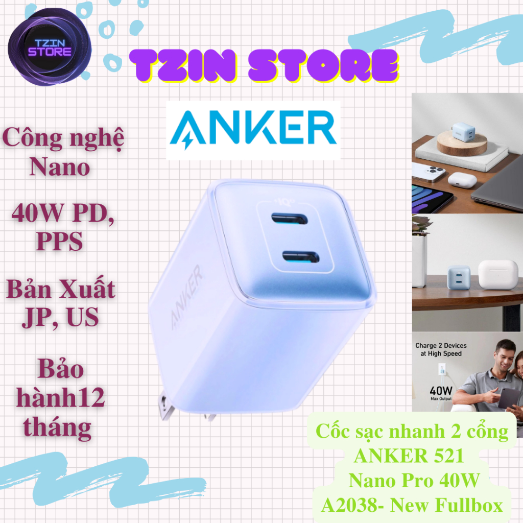 Cốc Sạc Nhanh Anker 521 Nano Pro 40w - A2038 2 Cổng PD3.0/PPS/QC3.0 Bảo Hành 12T
