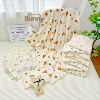 Set chăn gối cho bé vải xô muslin phối viền xinh xắn, set chăn gối xô bunny