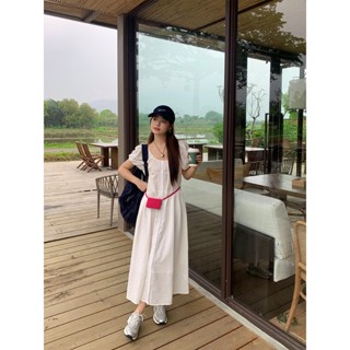 Đầm trắng Maxi Dáng dài Baby boll Cổ vuông Đi chơi Hẹn hò Váy đầm dài maxi Babydoll Tay phồng Dạo phố