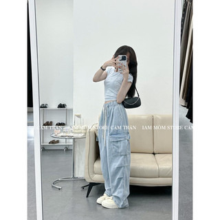 Quần jeans suông thụng túi hộp cạp chun hàng QC đẹp