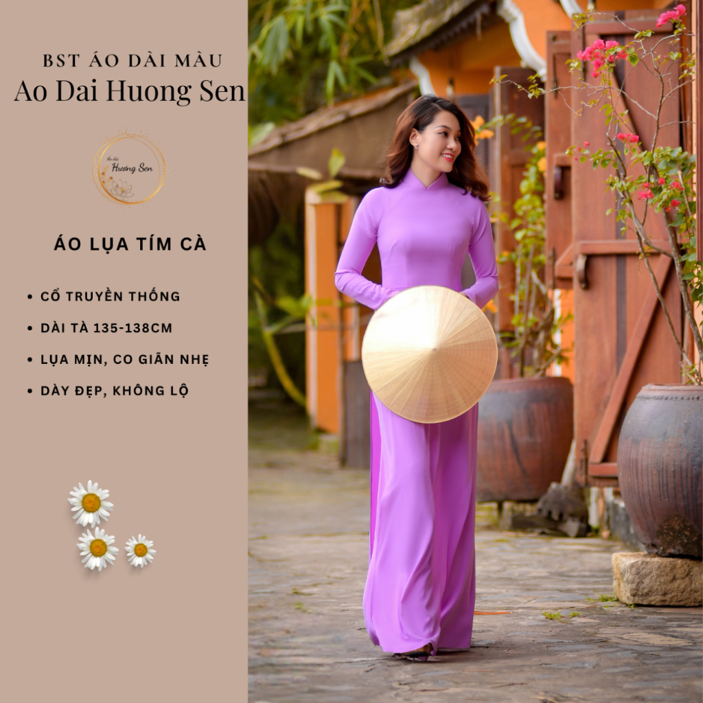 Áo dài tím cà. Áo dài màu tím nhạt. Quần ống suông màu tím cà không thun.