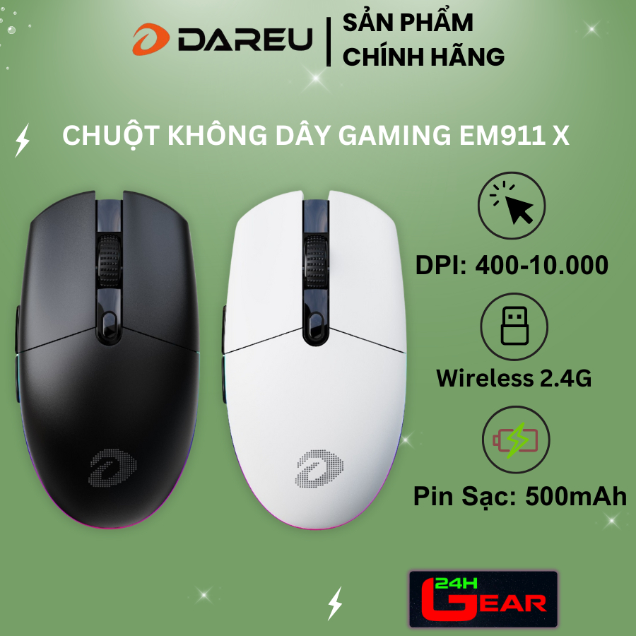 Chuột không dây Dareu EM911X wireless 2.4Ghz (Pin sạc 500mAh/ DPI 8000 / Siêu nhẹ )
