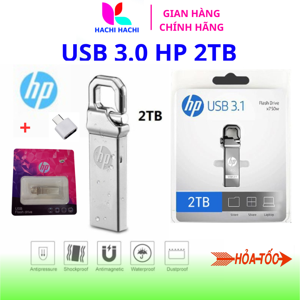 USB 2TB HP thiết kế nhỏ gọn vỏ inox,USB 3.0 chống nước tốc độ upto 150 MB/s chính hãng màu bạc bảo h