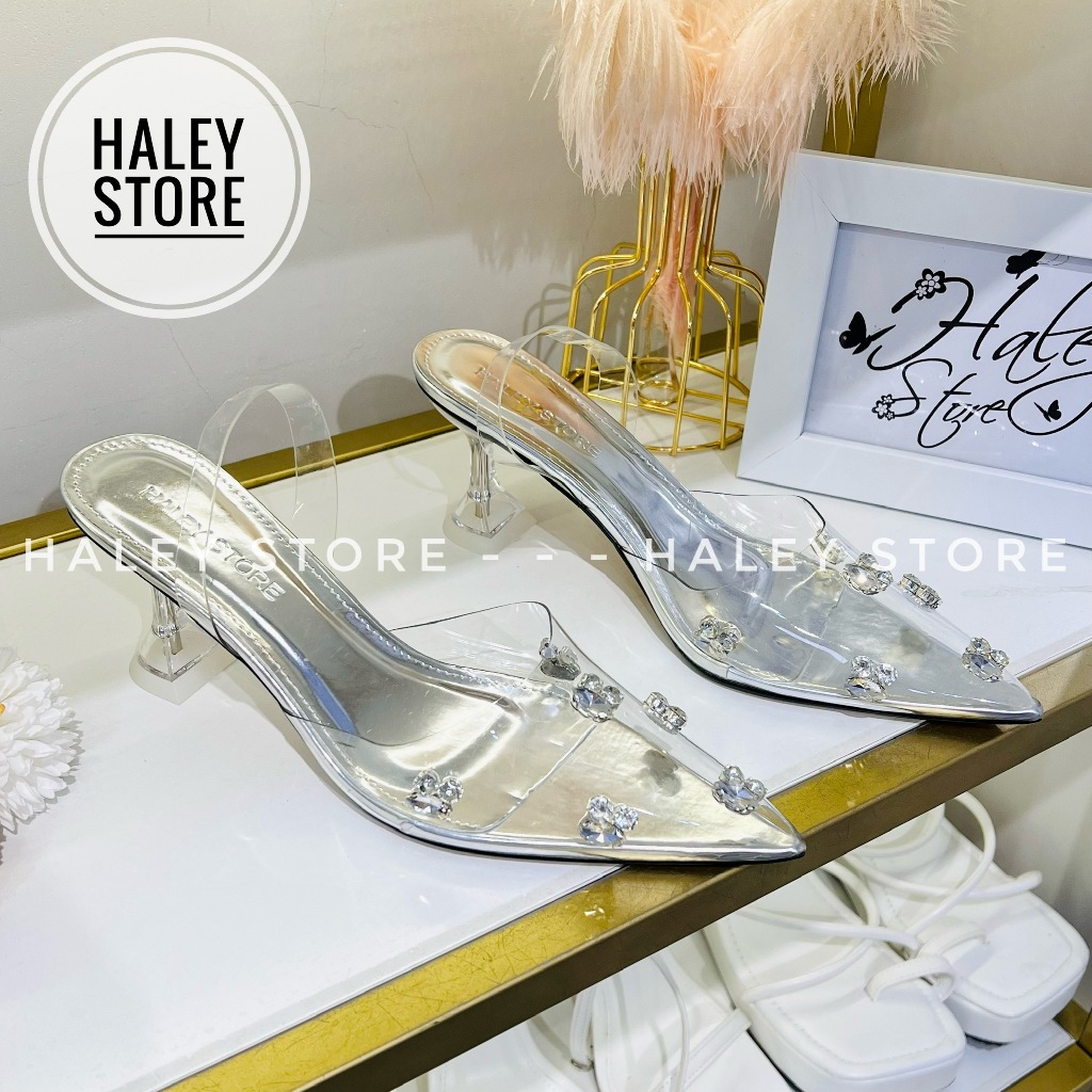Giày bít bạc đá HALEY STORE cao gót 7cm bít mũi nhọn quai trong suốt đính đá gót ly trụ tiểu thư công chúa đi tiệc