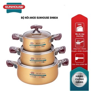 Bộ nồi nhôm Anod Sunhouse SH6634,bộ nồi nhôm anod 7735 dùng cho bếp từ hàng chính hãng giá tốt