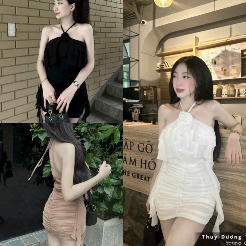 Váy body tầng nhún hông cổ yếm hoa siêu xinh