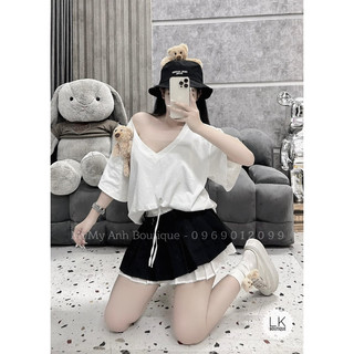 Set Áo Cổ Tim Mix Quần Váy Xếp Ly Phối Màu Đen Trắng Cực Xinh, Set bộ đồ nữ áo thun kèm gấu xinh mix chân váy xếp ly