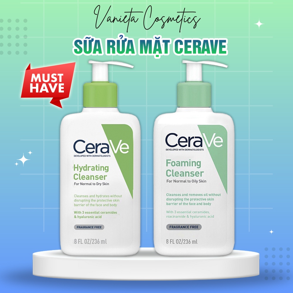 Sữa Rửa Mặt Cerave Foaming Cleanser, CeraVe Hydrating Cleanser Dành Cho Mọi Loại Da 236ml
