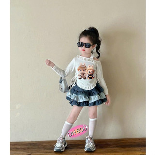  Set bộ cho bé chân váy nhung xoè tầng bồng bềnh phối áo tăm trễ vai kèm hình in cute cho bé từ 12-32kg Rubi Kids 