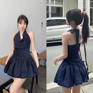 Váy kẻ cổ yếm dáng bí phồng chun sau hàng 2 lớp có lót quần