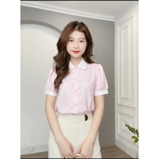 Áo sơ mi nữ trơn ngắn tay , chất vải mềm mịn cổ phối trắng cực xinh AM90