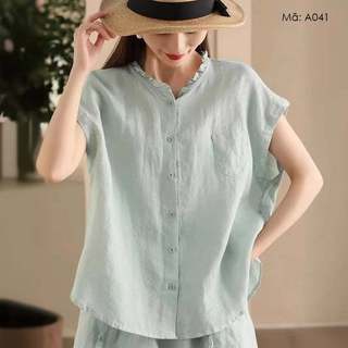 Áo sơ mi linen sát nách KAMAKA cổ tròn xếp ly một túi nhỏ - A041