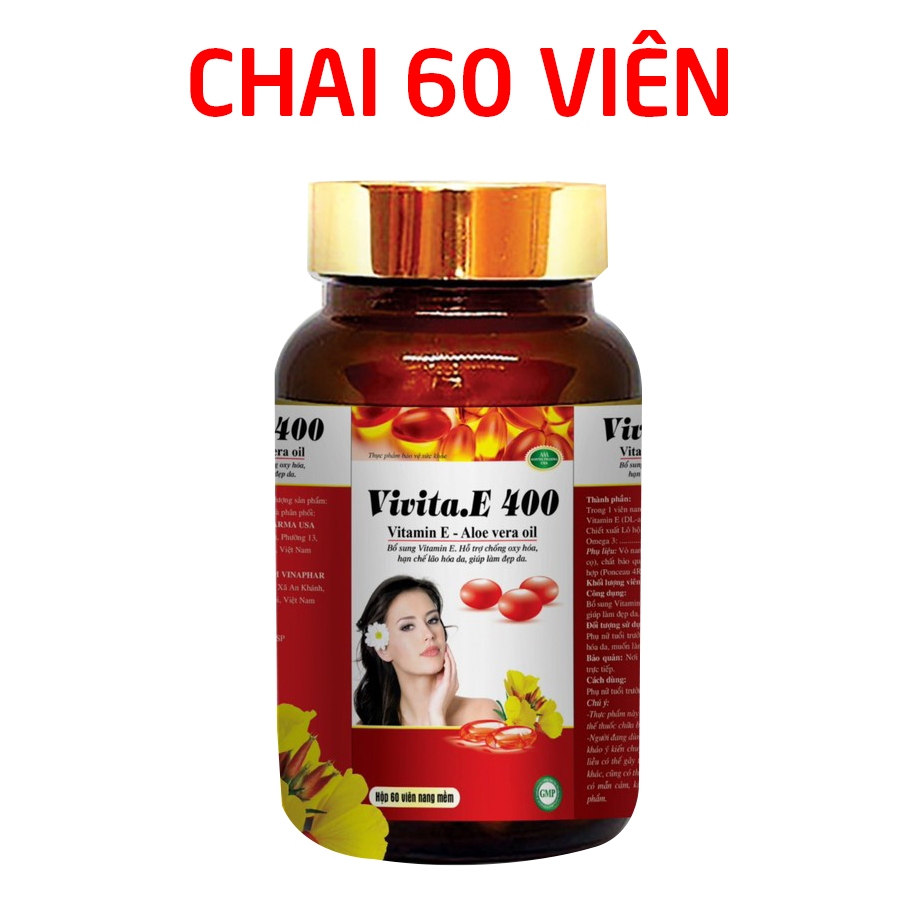 Vivita E 400 (chai 60 viên) Vitamin E đỏ, Omega 3, lô hội giúp đẹp da, giảm nám sạm da 60 viên