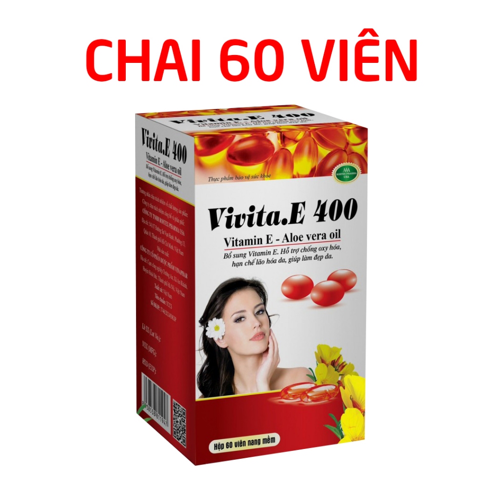 Vivita E 400 (chai 60 viên) Vitamin E đỏ, Omega 3, lô hội giúp đẹp da, giảm nám sạm da 60 viên