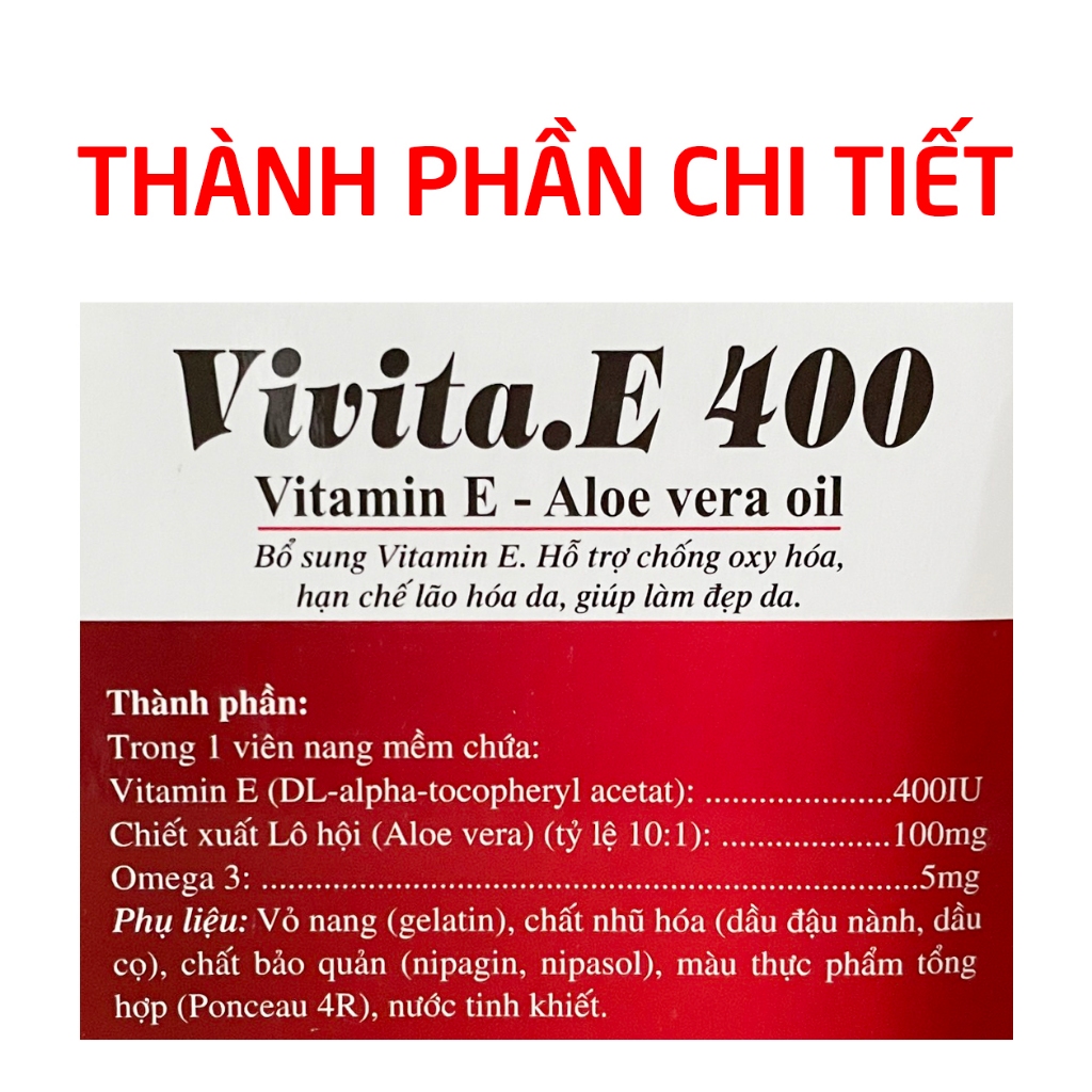 Vivita E 400 (chai 60 viên) Vitamin E đỏ, Omega 3, lô hội giúp đẹp da, giảm nám sạm da 60 viên