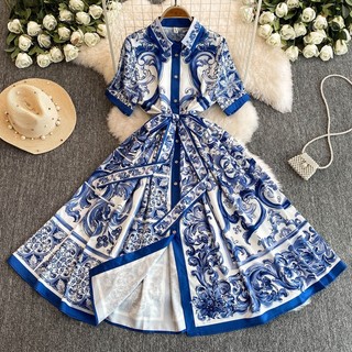 HA5217 [Sẵn một số size] Đầm sơ mi tay ngắn hàng QC váy họa tiết retro thanh lịch đi tiệc 3 màu dáng váy chữ A siêu xinh