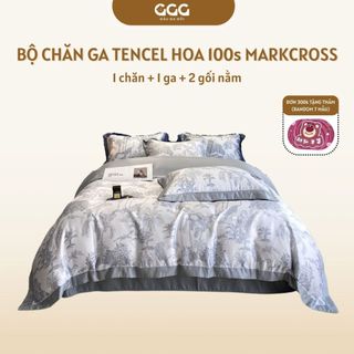 Bộ chăn ga tencel hoa markcross cao cấp gấu ga gối, set tencel hoạ tiết hoa chìm sang trọng