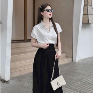 set áo sơ mi tay dơi mix chân váy đai midi trẻ trung