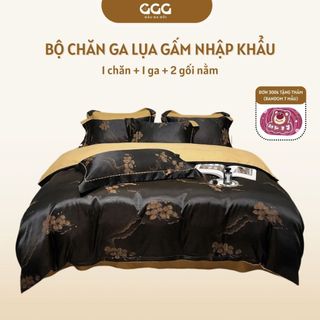 Bộ chăn ga gối lụa gấm nhập khẩu cao cấp ga phủ gấu ga gối, set lụa bo chun hoạ tiết gấm chìm sang trọng