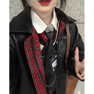 Áo khoác da PU nữ mặc 2 kiểu mùa thu đông mới kẻ sọc nối áo khoác thời trang hàng đầu