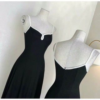 Đầm 2s nữ phối viền khoét ngực thời trang, đầm dáng dài xoè chất thun tăm co giãn D300