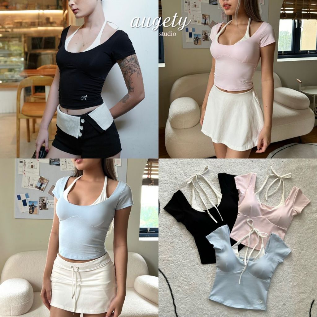 Áo Thun Croptop Tay Ngắn Thắt Dây Cổ Augety Studio, IVY Top
