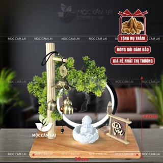 Tiểu Cảnh Xông Trầm tượng Chú Tiểu ĐẾ GỖ ĐÈN BONSAI KÈM CHUÔNG GIÓ Decor Trang Trí (Chọn Chữ, Tặng Nụ Trầm)