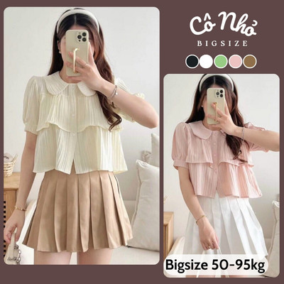 Áo Sơ Mi Bigsize Nữ Kiểu Babydoll Tay Ngắn Phồng Vạt Xếp Tầng Cổ Tiểu Thư Dễ Thương Vải Xốp Đôi SM163