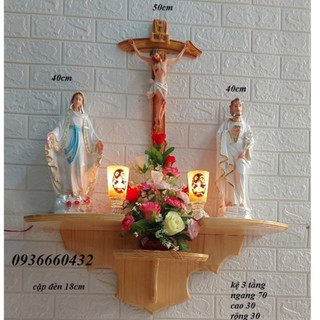 Bộ bàn thờ Thiên Chúa Mẹ Thánh Giuse cao 40cm, Thánh giá Chúa 56cm kệ gỗ thông 3 tầng hoa 2 đèn
