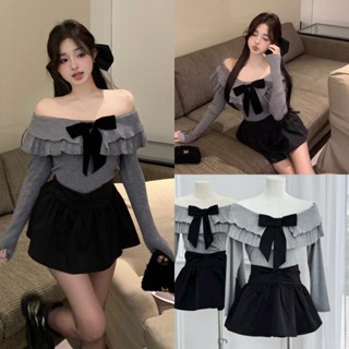  Set Áo Len Tăm Xám Ghi Trễ Vai Phối Nơ Nhung Tiểu Thư Mix Chân Váy Đen Xòe Sang Chảnh  Ảnh Thật Trải Sàn  Lollaye 