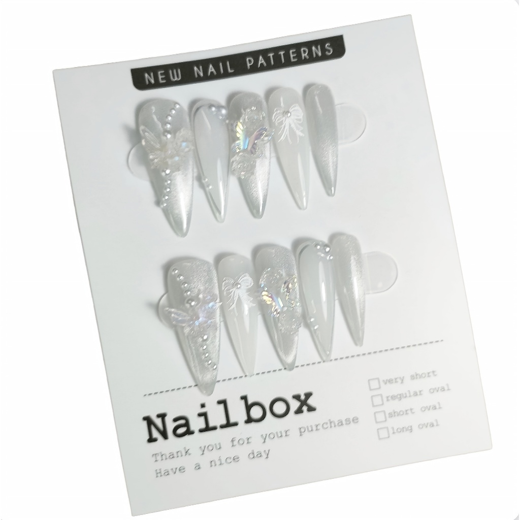 [LC74] Nailbox thiết kế 10 móng úp  - Sơn mắt mèo trắng thạch đính charm hồ điệp