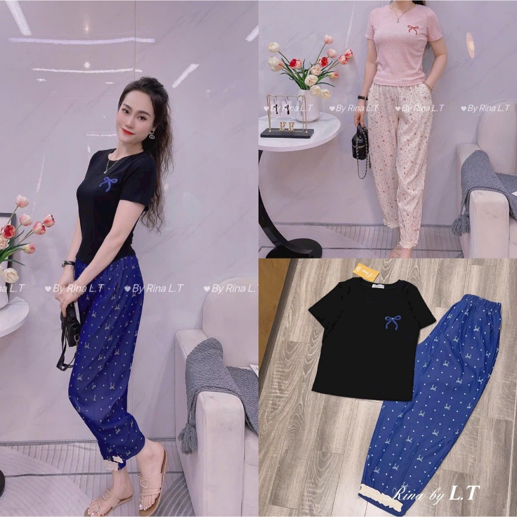 Sét in nơ áo cộc tay , quần baggy pha ren hàng đủ size S, M ,L ,XL