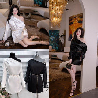 👗đầm suông lụa lệch vai kèm belt xích