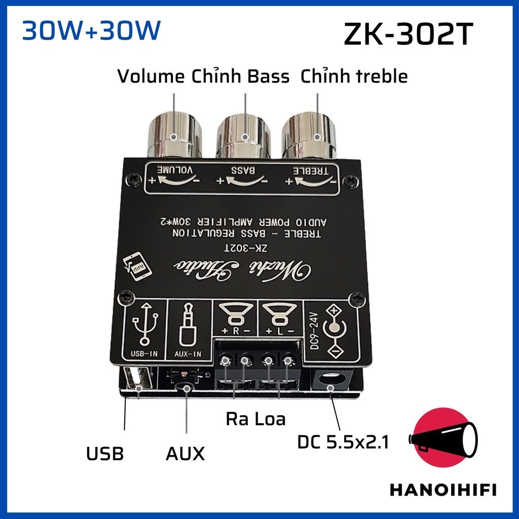 Mạch Wuzhi ZK-302T khuếch đại âm thanh bluetooth 30w*2 chỉnh âm sắc. Mã Ampli ZK-302T