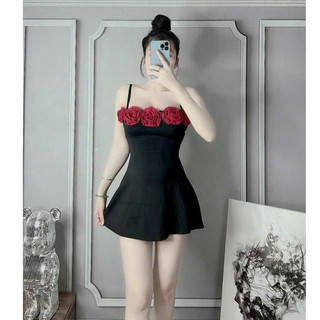 Đầm body hai dây dáng ngắn cup ngực phối hoa kèm quần trong chất thun gân tăm đầm đi chơi đi du lịch H75A
