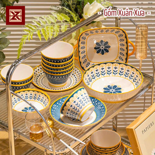  Bán lẻ Bộ bát đĩa Thổ Cẩm Sọc Hiện Đại Cao Cấp Thương Hiệu Gốm Xuân Xưa bộ chén dĩa bát đĩa sứ chén bát 