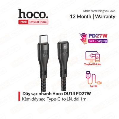 Cáp sạc nhanh PD27W TypeC to IP Hoco DU14 truyền dữ liệu dùng cho ip6/7/8/X/11/12/13/14 dài 1M