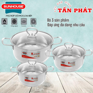Bộ 3 nồi inox 5 đáy Sunhouse SHG788 16-20-24cm dùng trên mọi loại bếp